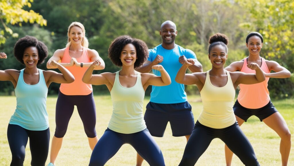 Diverse group enjoying accessible fitness activities with natural, encouraging atmosphere