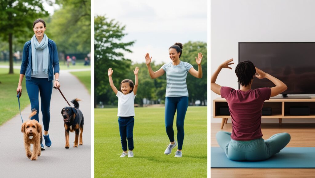 Everyday people incorporating movement into regular daily activities