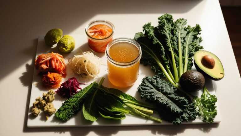 Gut healing foods arranged on white marble counter for detox and stomach flattening