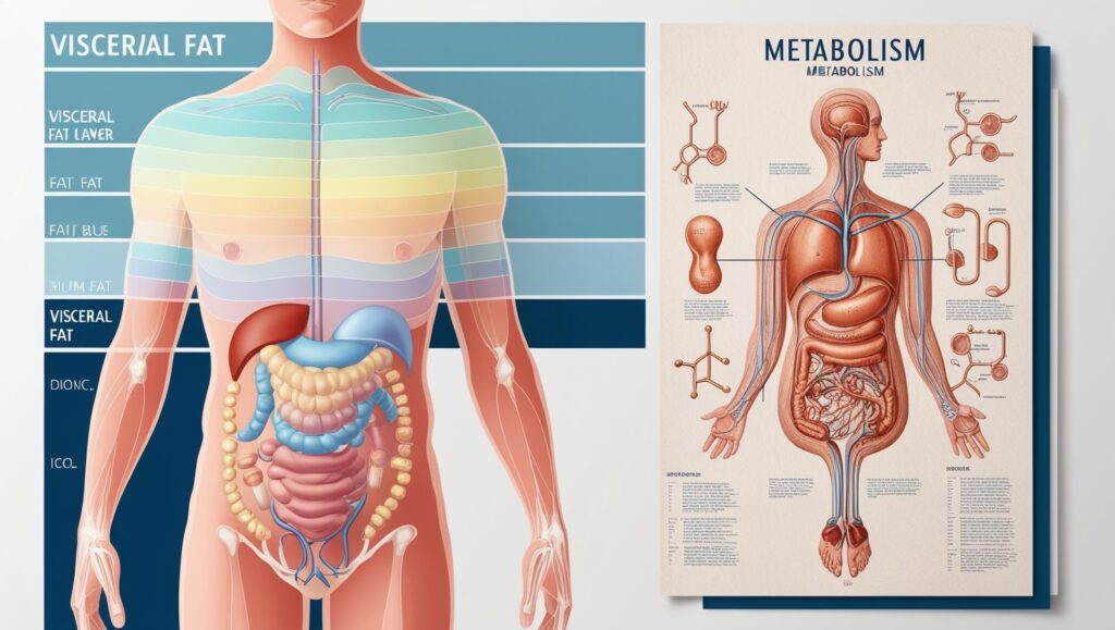 Anatomical diagram showing types of belly fat and metabolic processes