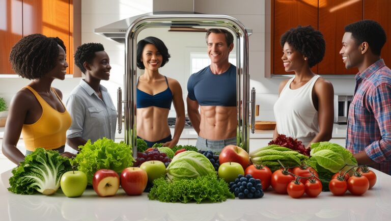 Diverse people with healthy flat stomachs surrounded by nutritious foods