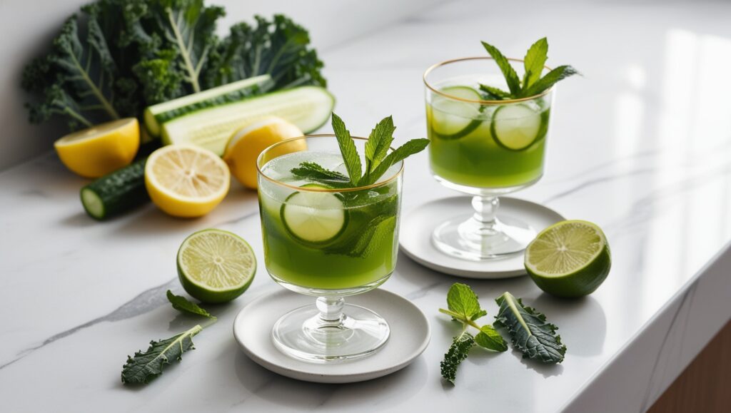 Homemade anti-bloating and detox drinks with fresh ingredients